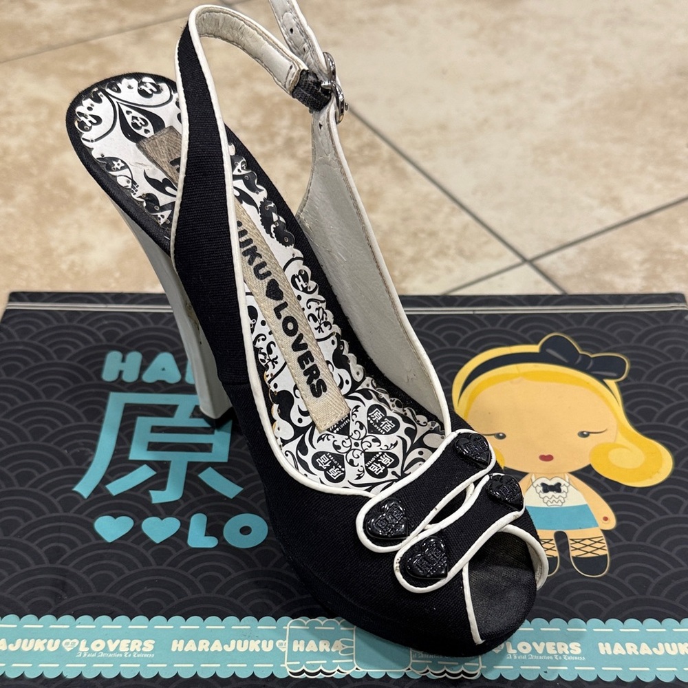 Harajuku Lovers Black and White Peep Toe Slingback Heels with shoe box